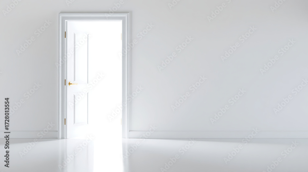 Fototapeta premium The image depicts a half-open white door, with bright light outside and dimmer light inside