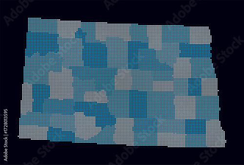 North Dakota dotted map. Digital style map of the state on dark background. North Dakota shape with circle dots. Colored dots style. Small size circles. Artistic vector illustration.