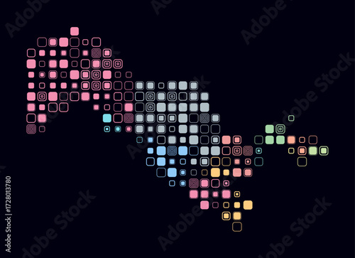 Uzbekistan, shape of the country build of colored cells. Digital style map of the Uzbekistan on dark background. Large size rounded square blocks. Vibrant vector illustration.