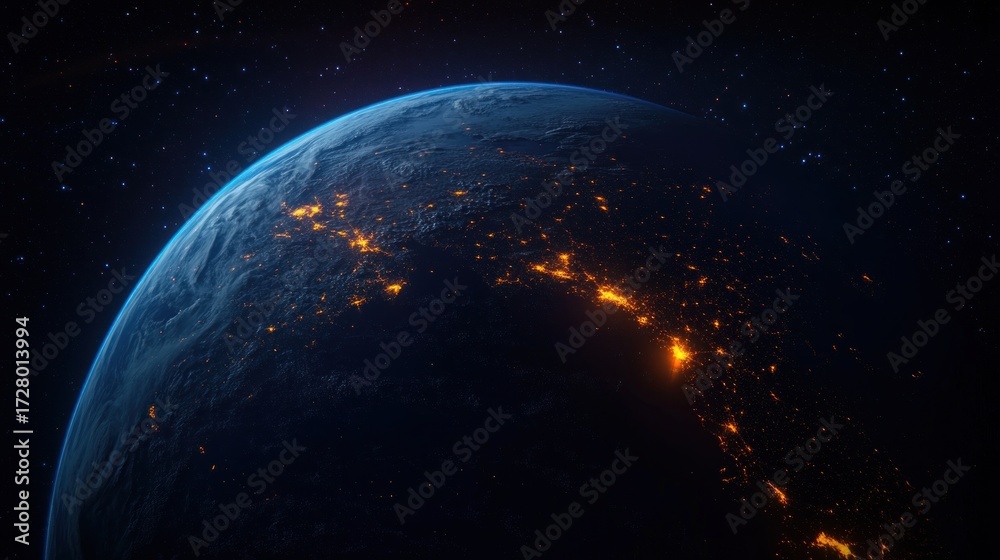 Obraz premium View of Earth from space showing illuminated city lights along coastlines and inland areas against a dark backdrop of stars and atmosphere