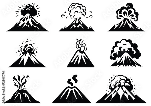 Nine simple black volcano eruptions show different stages on a white background