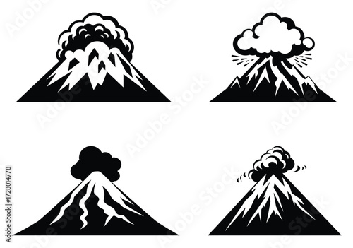 Four monochrome mountain icons feature plumes of smoke against a stark white background