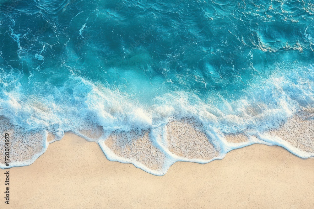 Obraz premium Vibrant turquoise ocean waves gently crashing onto smooth sandy beach under daylight