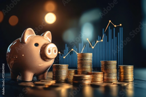 Shiny piggy bank next to stacks of coins with a rising financial graph in the background symbolizing savings growth and positive investment trends