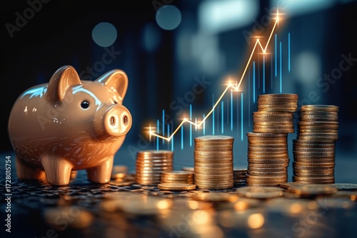 glossy piggy bank next to ascending stacks of coins with glowing upward financial graph showing growth and savings