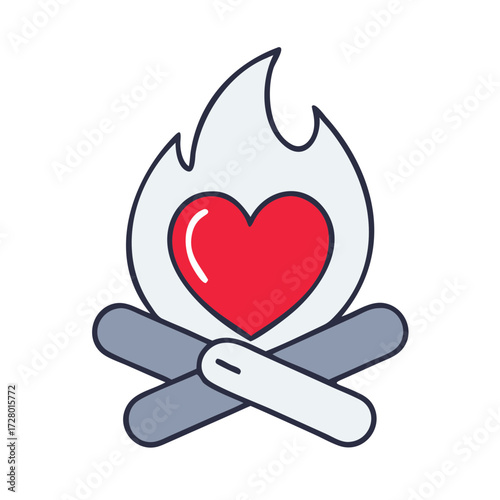 Campfire flame with heart symbol and wooden logs underneath  
