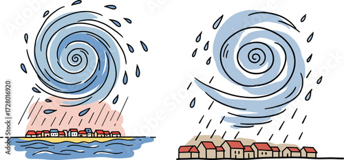 Illustration of a swirling storm producing rain over coastal and urban areas in flat hand-drawn style, transparent background  