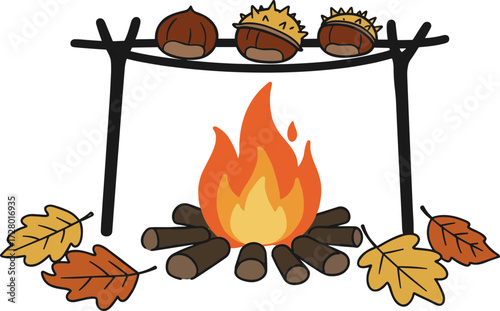 Campfire with roasting chestnuts and autumn leaves in hand-drawn style, transparent background