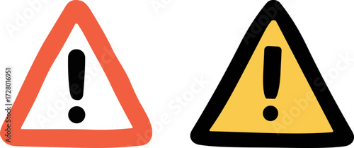 Warning signs in flat hand-drawn style with transparent background, red and yellow triangles  