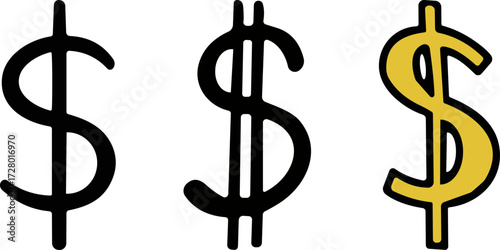 Three variations of dollar signs in black and gold on a white background  
