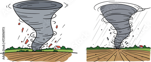 Tornado in flat hand-drawn style illustrating its destructive power in a rural setting  