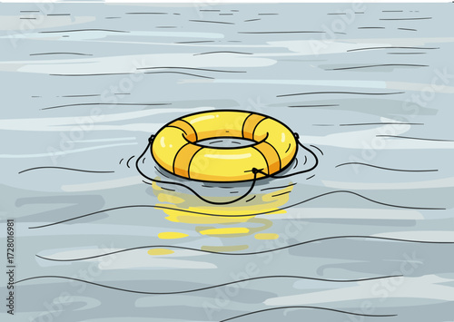 Yellow lifebuoy floating on calm water in a hand-drawn style, transparent background, depicting safety and rescue 