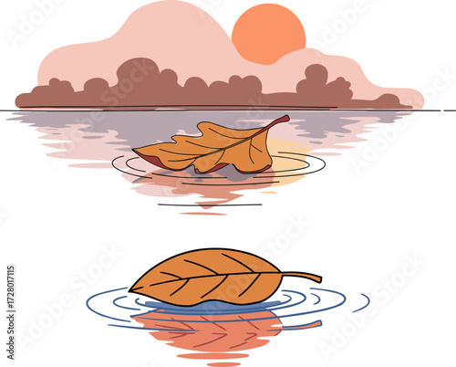 Two autumn leaves floating on water during sunset in a serene landscape, Concept of flat hand-drawn style, transparent background