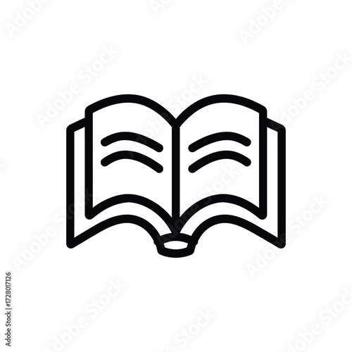 Black outline icon depicts an open book with curved lines on white background