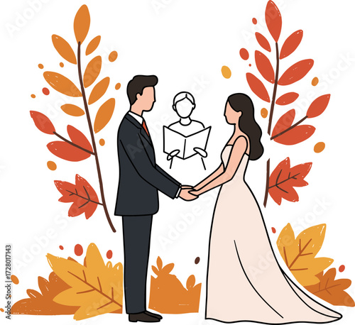Couple exchanging vows during wedding ceremony in autumn foliage with officiant 