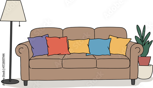 Cozy living room scene with a brown couch and colorful pillows in flat hand-drawn style, transparent background  