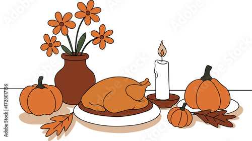 Thanksgiving dinner display featuring roasted turkey, pumpkins, and autumn flowers