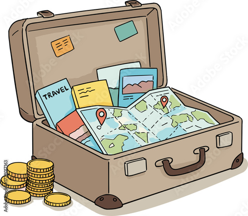 Travel suitcase filled with maps, brochures, and travel plans on a flat hand-drawn style, transparent background, illustrating a travel concept with coins