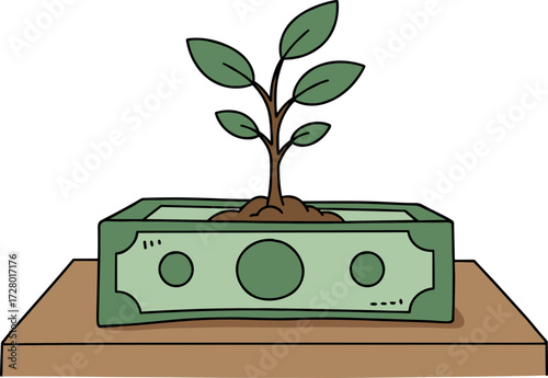 Money with a plant growing on top illustrating investment and growth  
