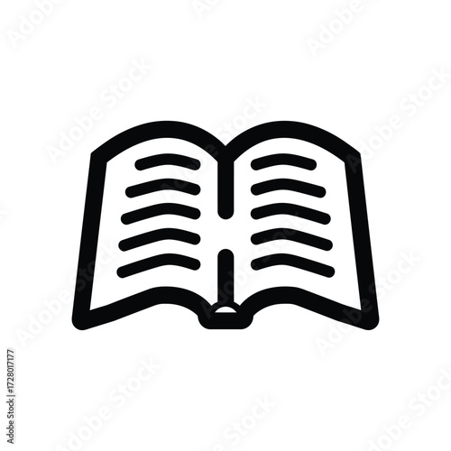 Black outline of an open book displayed on a white background visually