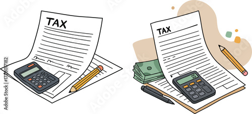 Tax documents with calculator, money, and pencil in hand-drawn style