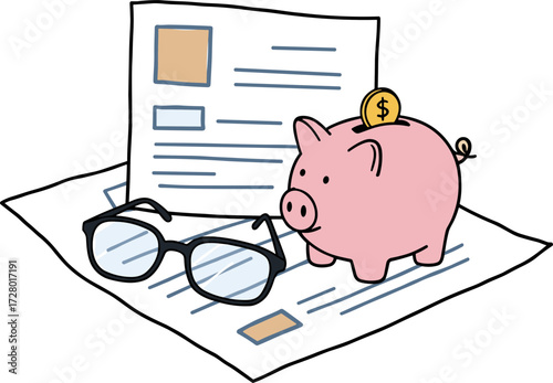 Pink piggy bank with dollar coin beside glasses and financial documents in flat hand-drawn style, transparent background  