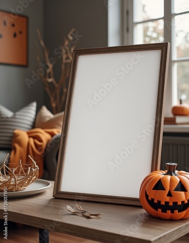 Mock up frame on the table in a modern luxury minimalist living room with halloween decorations border background  spooky illustration decoration