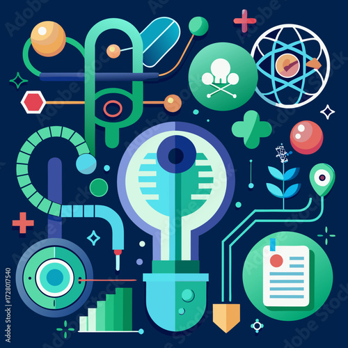 a sophisticated scientific vector concept of medical innovation, showing a DNA helix transforming into a glowing key that unlocks a cell door, with microscopic drug molecules targeting a virus particl
