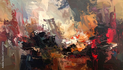 Abstract landscape painting with bold colors and textures