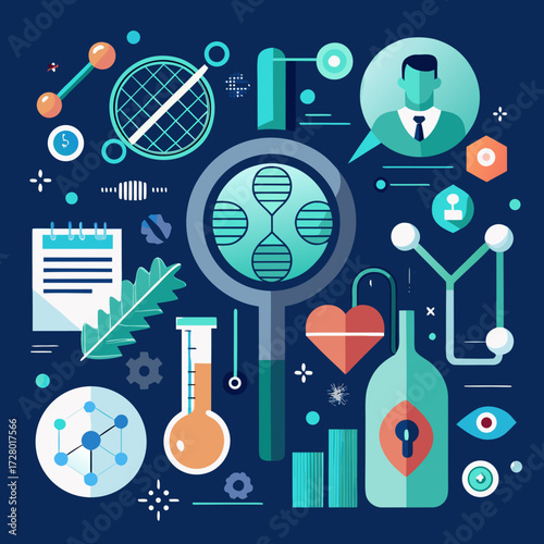 a sophisticated scientific vector concept of medical innovation, showing a DNA helix transforming into a glowing key that unlocks a cell door, with microscopic drug molecules targeting a virus particl