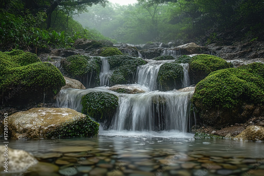Naklejka premium Serene cascading waterfall flowing over moss-covered rocks surrounded by lush green forest under a misty atmosphere