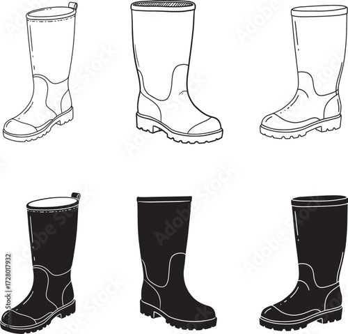 Collection of tall rubber boots in sketch and silhouette styles