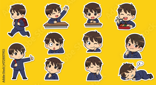 Adobe illustrator artwork vector illustration set of eight cute anime schoolboy character