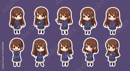 Adobe illustrator artwork vector illustration set of eight cute anime schoolgirl character