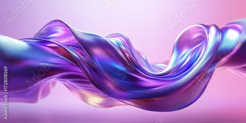 Smooth flowing abstract ribbon with shiny metallic purple and blue hues twisting against a soft gradient pink background
