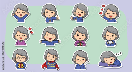 Adobe illustrator artwork vector illustration set of eight cute senior woman character.