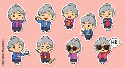 Adobe illustrator artwork vector illustration set of eight cute senior woman character.