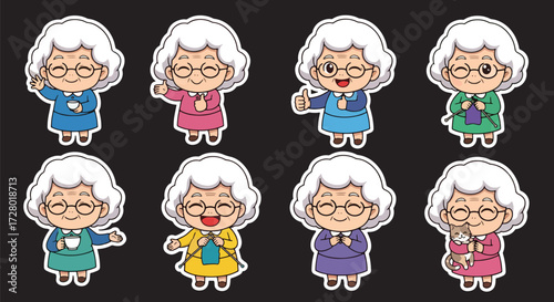 Adobe illustrator artwork vector illustration set of eight cute senior woman character.