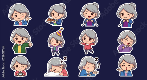 Adobe illustrator artwork vector illustration set of eight cute senior woman character.