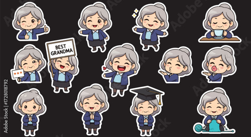 Adobe illustrator artwork vector illustration set of eight cute senior woman character.