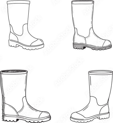 Four detailed hand drawn illustrations of tall rubber work boots