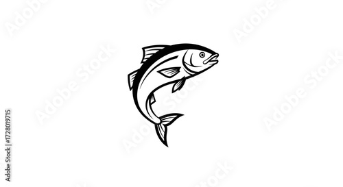 Black and white outline of a leaping salmon flat illustration isolated on white