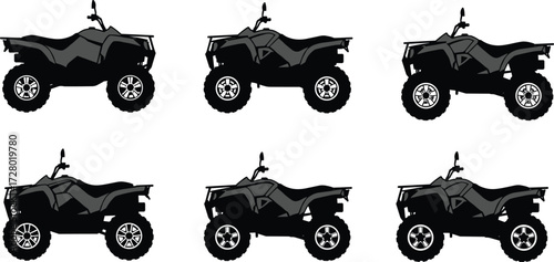 ATV quad bike silhouette, offroad vehicle illustration, all terrain four wheeler, outdoor adventure sport, extreme motorsport design, rugged powerful machine vector