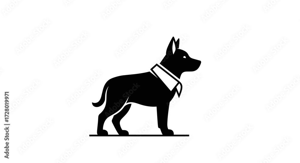 Obraz premium Black dog silhouette standing in profile wearing a bandana flat illustration