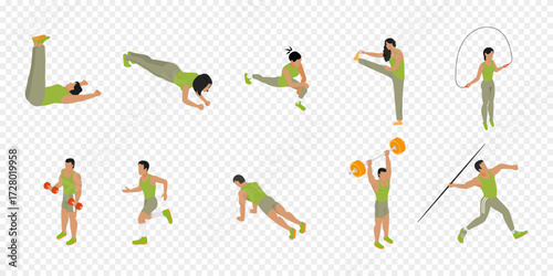 Sport children. Cartoon dance girls. Child with basketball ball, playing soccer raises barbell. Young healthy childhood vector illustration.