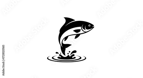 Black jumping fish splashing out of water flat illustration
