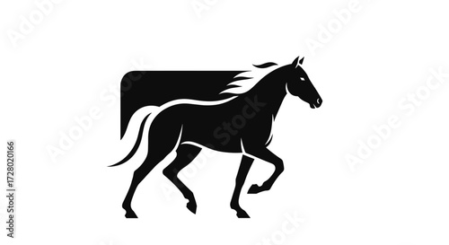 Black horse silhouette trotting with rectangular shape on white flat illustration
