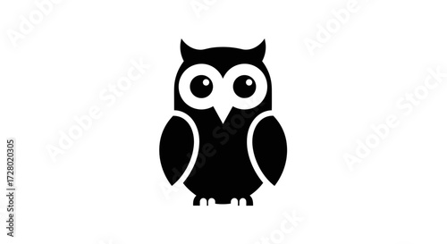 Black owl icon standing facing forward flat illustration