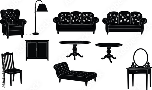 Vintage furniture silhouettes, sofa, armchair, chair, table, cabinet, chaise lounge, vanity mirror, floor lamp, retro home decor, classic interior illustration