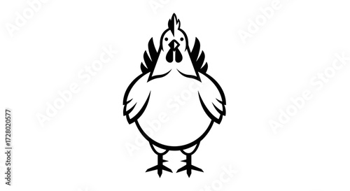 Front view black and white standing chicken outline flat illustration
